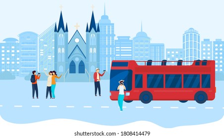 People on city travel bus tour vector illustration. Cartoon flat traveler tourist characters group visiting sightseeing, photographing cityscape landmark with photo camera, tourism vacation background