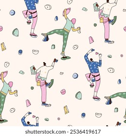 People on climbing wall seamless pattern. Rock clambering park endless background. Indoor bouldering repeat cover. Vector hand drawn flat illustration.