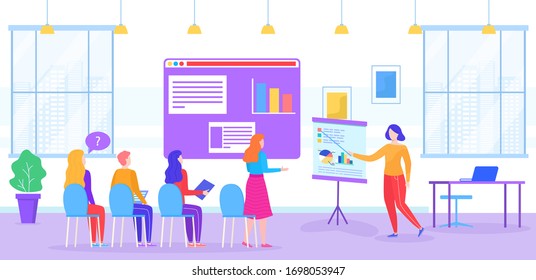 People on coaching training vector illustration. Cartoon flat trainer coach character teaching group students in classroom interior. Workshop seminar lecture, learning course, education technology
