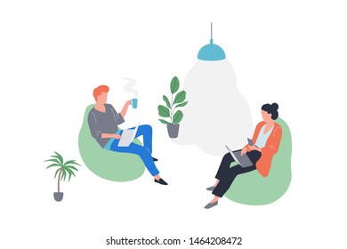 People on coffee break. Business character sitting on the couch and talking. Employee in suit. Isolated vector flat illustration