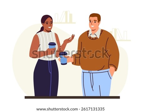 People on coffee break. Man and woman talking with cups of coffee in their hands. Business conversation and dialogue. Colleagues and partners on coffee break. Flat vector illustration