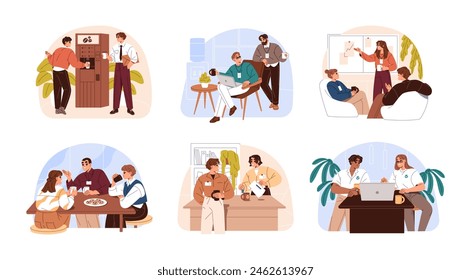 People are on coffee break set. Business team drinks tea during discussion. Employees, colleagues chat, talk at lunch time at corporate kitchen. Flat isolated vector illustrations on white background