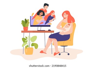 La gente en la pantalla del ordenador culpando a la joven madre. Mamá con un bebé recién nacido recibiendo comentarios negativos y mensajes en la ilustración vectorial plana de internet. Maternidad, acoso, estrés, concepto de sociedad