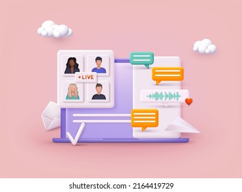 People On Computer Screen Taking With Colleague. Videoconferencing And Online Meeting Workspace. 3D Web Vector Illustrations.