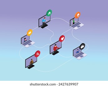 People on a computer social network isometric 3d vector illustration