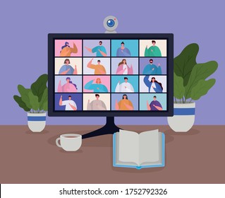 People on computer in video conference design, Call online chat and webcam theme Vector illustration