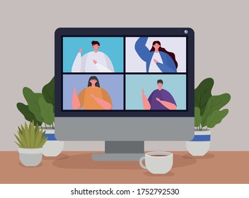 People on computer in video conference design, Call online chat and webcam theme Vector illustration