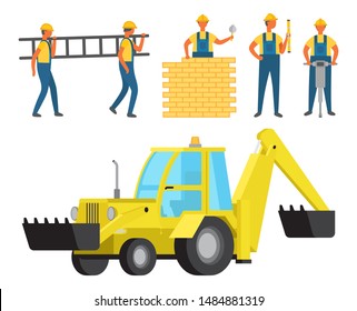 People on construction, isolated team of workers and machinery. Excavator and person building wall with bricks, workman with ladder drill ladder. Vector illustration in flat cartoon style