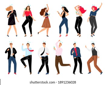 People on corporate party set. Cartoon happy men and women dancing in trendy costumes and drinking wine, vector illustration concept of business rest after teamwork