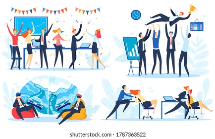 People on corporate party vector illustration set. Cartoon flat happy office businessman and businesswoman have fun, celebrate corporative win startup, play games. Celebration event isolated on white