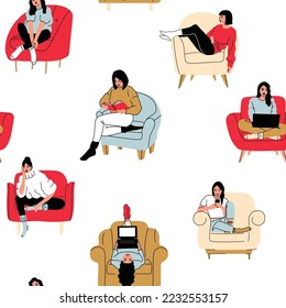 People on the couch vector cartoon seamless pattern background for wallpaper, wrapping, packing, and backdrop.