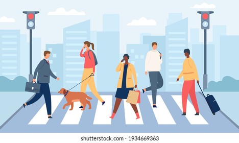 People on crosswalk. Men and women crossing city road with traffic lights. Businessman and girl with dog. Flat crowd on street vector scene