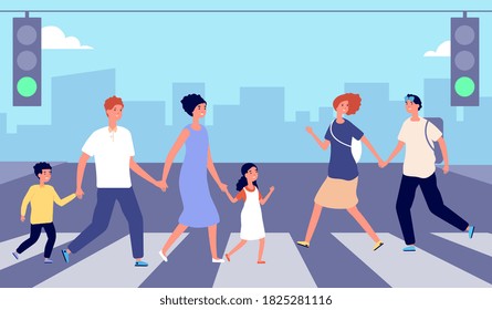 People on crosswalk. Person traffic, pedestrian crowd city street. Man woman cross road on green light, urban lifestyle vector illustration