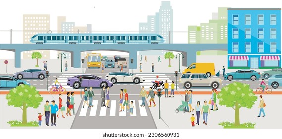 People on the crosswalk and road and rail traffic, illustration