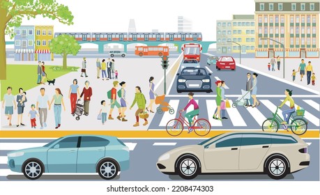 People on the crosswalk and road traffic, illustration