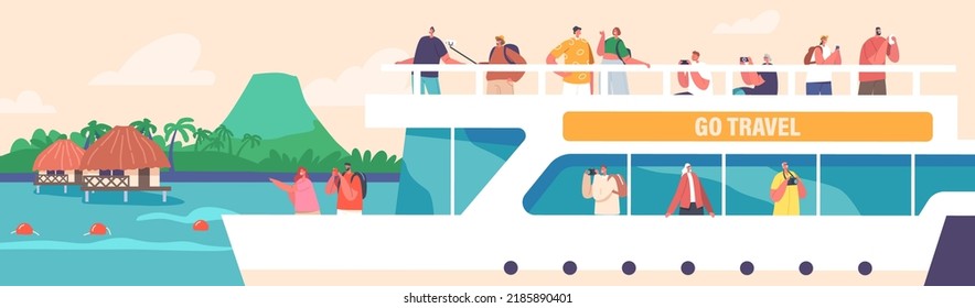 People On Cruise Liner Deck with Seascape View, Tropical Nature and Dwellings, Characters Summer Relax On Ship In Ocean. Summertime Vacation Journey On Passenger Vessel. Cartoon Vector Illustration