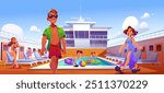 People on cruise ship deck with wooden floor and swimming pool, lounge chairs and cabin doors. Cartoon vector man and women, children on private yacht party. Summer vacation and travel on boat.