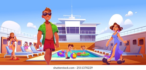 People on cruise ship deck with wooden floor and swimming pool, lounge chairs and cabin doors. Cartoon vector man and women, children on private yacht party. Summer vacation and travel on boat.