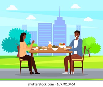 People on a date against the backdrop of city buildings. Couple eating natural fresh products. Man and woman communicating at dining table vector illustration. Table with fruit, salad and sandwiches