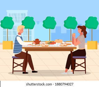 People On A Date Flat Vector Illustration. Dining Table With Borsch, Pancakes And Buns. Couple, Eating Russian Food Outside. Characters In Relationship Are Communicating Together In The Park