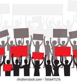 People on demonstration silhouettes with blank boards or placard. Demonstrators or protesters with bright banners above heads flat vector illustration for social ad