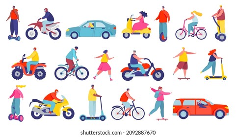 Personas en diferentes transportes de la ciudad, personajes montando vehículos personales. Hombres y mujeres en bicicleta, motocicleta, scooter, skateboard vector set. Niñas y niños patinando, montando en bicicleta