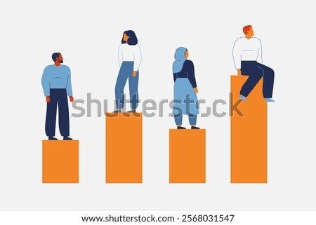 People are on different levels. Men and women has unequal positions, rights, income, social inclusion. Representation persons in business and gap in career growth oportunity. Vector