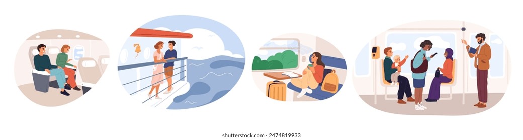 People on different vehicles. Cartoon passengers traveling in various ways. Couple sitting on bus seats. Train traffic. Plane flight. Public transport. Yacht cruise