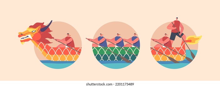 Gente en botes de dragón, piragüismo o Rafting Sport Aislado Iconos redondos o avatares. Deportistas Rando en Kayaks, Extrema Actividad, Campeonato de Deportes Acuáticos Concepto. Ilustración del vector de dibujos animados