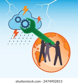 People on earth fixing climate setting with wrench. A metaphor for climate change mitigation. Vector illustration.