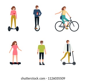 People on eco transport - riding bicycle, skateboard, kick scooter, mono wheel, gyroscooter, rollers. Vector illustration in flat style, isolated on white background.