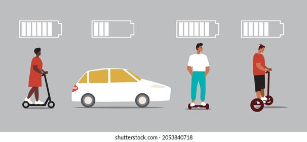 People on eco-friendly transport, electric transport. Flat vector stock illustration. Variety of eco transport. People with gyroboard, gyrocopter, car, scooter, e-scooter. Isolated illustration