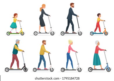 People on electric scooter set flat vector illustration. Male and female cartoon character riding ecologically clean urban vehicle. Family in formal, casual clothes using modern personal transporter