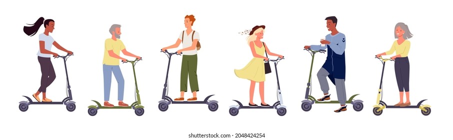 People On Electric Scooter Set, Alternative Eco City Transport Vector Illustration. Cartoon Man Woman Characters Ride Modern Motor Electric Scooters, Young Elderly Riders Collection Isolated On White