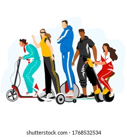 the people on the electric vehicle. a set of isolated vectors. vector image of people on electric transport