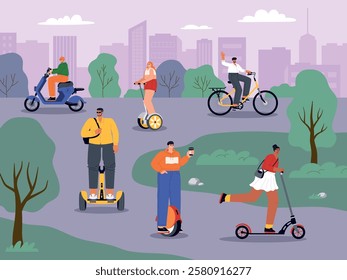 People on electric vehicles in city park. Modern urban ecological transport, scooter, motorcycle and bicycle riders, vector illustration