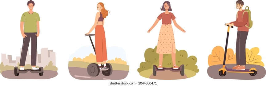 People on electro transport set. Happy gilrs and guys riding individual urban vehicles. Flat vector illustration