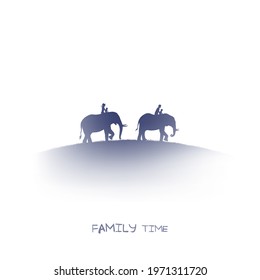 People on elephants. Family trip. Isolated blue silhouette on white