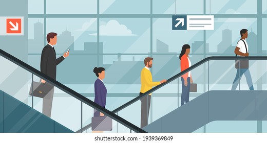 People on the escalator in a corporate building and city skyline in the background