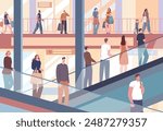People on escalators in mall. Men women in shopping center, adults and children shop. Electric stairs moving up and down, kicky vector scene