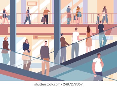 People on escalators in mall. Men women in shopping center, adults and children shop. Electric stairs moving up and down, kicky vector scene