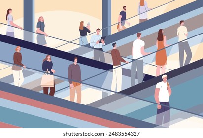 People on escalators. Men women move up and down on moving staircase in shopping mall, office center airport or subway. Public space kicky vector scene