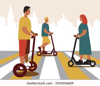 People on e-scooter and gyro scooter in the city. Flat vector stock illustration. Modern hoverboard and urban personal mobility. Technology for movement. City transport illustration