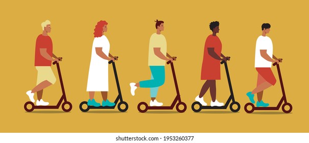 La gente en e-scooter aislada. Ilustración de material vectorial plano. Moto eléctrico como transporte ecológico. Jóvenes, adultos, ancianos montan el e-scooter. Concepto de transporte personal