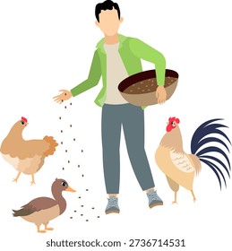 People on a farm. A man feeds a hen, a duck and a rooster. Agriculture, farm work. Vector, isolated