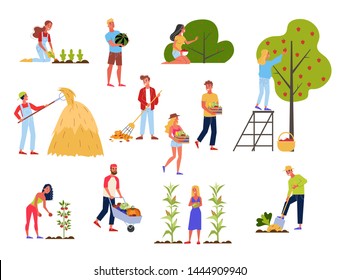 People on farm set. Vegetable harvest, natural organic food. Person working on farm with the shovel. Vector illustration in cartoon style