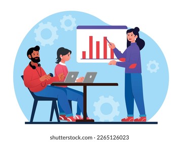 People on financial seminar. Woman giving lecture to young guy and girl. Infographics and work with statistics, presentation and business meeting, brainstorming. Cartoon flat vector illustration