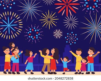 People on fireworks. Night firework, celebrate firecracker on market. City street carnival, street festive celebrating. New year or festival decent vector scene