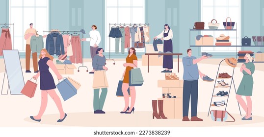 People on flea market or second hand shop. Fashion man woman in boutique, designer clothes bazaar. Garage sale, vintage retail and kicky vector shoppers