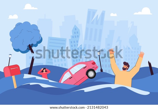 People\
on flooded street flat vector illustration. Desperate man and woman\
standing in water and asking for help. Flooded cars and houses in\
city. Natural disaster, tsunami, emergency\
concept